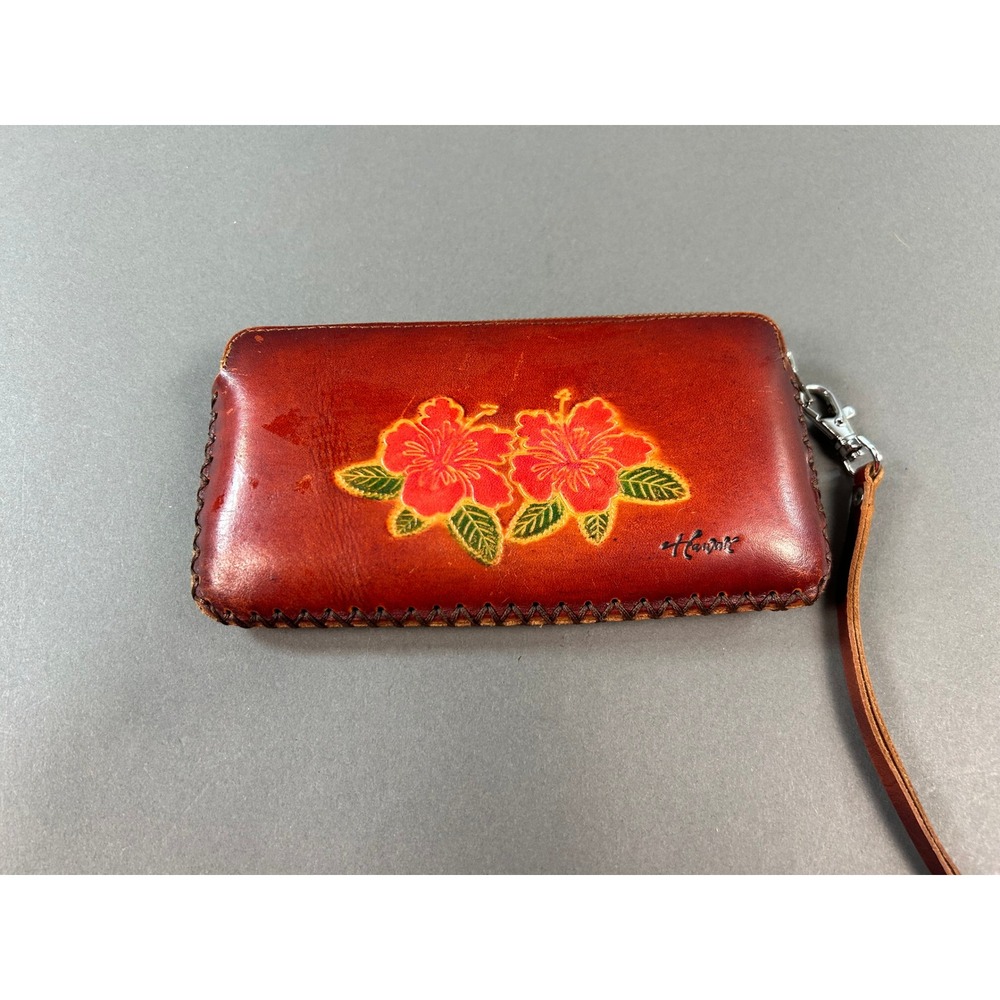 Vintage Hawaii Hand‎ Painted Leather Hibiscus Wristlet Clutch Wallet Whipstitch